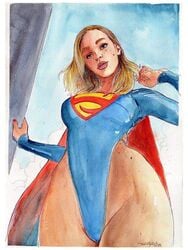 1girls 2020 alternate_costume artist_signature blonde_hair blue_eyes breasts cape dat_ass dc dc_comics female female_only front_view kara_zor-el kryptonian leotard lipstick long_hair solo supergirl superheroine superman_(series) tamiegadelha thighs