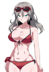 1girls 2019 alisa_ilinichina_amiella bikini blue_eyes breasts cleavage eyebrows_visible_through_hair female female_only front-tie_bikini god_eater hair_between_eyes highres large_breasts long_hair looking_at_viewer navel plaid plaid_bikini red_bikini side-tie_bikini silver_hair simple_background solo standing sunglasses sunglasses_on_head suzusiigasuki swimsuit thick_thighs thighs white_background wristband