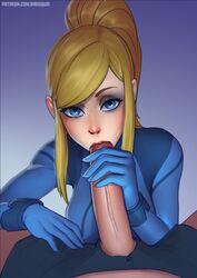 1boy 1girls big_penis blonde_hair blue_eyes breasts clothed clothed_sex clothing cock_worship fellatio female holding_penis huge_cock light-skinned_male looking_at_viewer male metroid nintendo oral partial_male penis radsquid samus_aran zero_suit zero_suit_samus