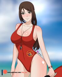 1girls abp_art ameno_(naruto) big_breasts blush breasts brown_eyes brown_hair busty cleavage female female_only lifeguard long_hair looking_at_viewer naruto naruto_(series) naruto_shippuden ponytail smile swimsuit tied_hair watch whistle whistle_around_neck wide_hips