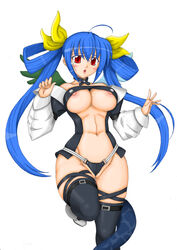 blue_hair blush dizzy_(guilty_gear) female guilty_gear nemo_(artist) nipple_slip open_clothes open_mouth red_eyes solo tail tears thighhighs twintails wings