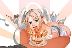1boy 1girls abstract_background angel aqua_eyes ass birthday birthday_cake birthday_sex blonde_hair borrowed_character bottomless cake cassia_(placensfw) cum_on_food erection fellatio female food food_play foodplay male male_penetrating_female oral oral_sex penis penis_lick penis_piercing_cake pointy_ears sex thirnz tongue_out