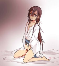 barefoot between_legs breasts brown_hair cleavage collarbone cum cum_in_pussy cum_on_hair facial female full_body genderswap_(mtf) hand_between_legs japanese_clothes kiatsu kimono kirito kirito_(sao-ggo) kneeling long_hair medium_breasts open_clothes open_kimono open_mouth rule_63 sketch soles solo straight_hair sword_art_online very_long_hair white_kimono