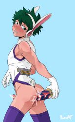 1boy anal_insertion bootaart bunny_boy bunny_ears bunnysuit crying deku dildo dildo_in_ass femboy gay izuku_midoriya leotard male male_only miruko_(cosplay) my_hero_academia shounen_jump solo tagme twink yaoi