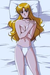 1girls 90s animated areola_slip areolae bed_sheet blonde_hair blush breasts brown_eyes choker cleavage covering covering_breasts crossed_arms dark female female_only game_cg indoors large_breasts long_hair looking_at_viewer lying navel nervous on_back open_mouth panties pillow sogna solo takako_(viper) talking talking_to_viewer thighs topless underwear viper_(series) viper_v16 white_panties