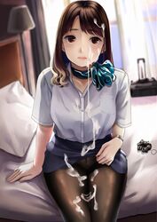 1girls cum cum_on_clothes cum_on_face female female_only looking_at_viewer neko_neko_koneko pantyhose solo