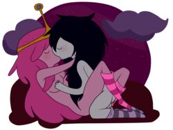 2girls adventure_time black_hair blush closed_eyes crown holding_breast kiss kissing marceline multiple_girls night pink_breasts pink_hair pink_nipples pink_socks png princess_bubblegum purple_sky purple_socks stars touching_breast vampire vampire_queen white_breasts yuri