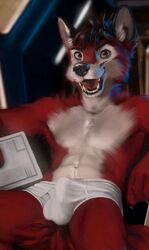 1boy anthro balls_outline briefs bulge canid canine canis clothing ezo furry genital_outline hi_res male male_only mammal penis_outline solo swishchee underwear white_briefs white_underwear wolf