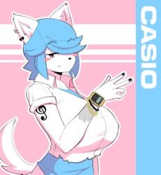 anthro blue_hair casio large_breasts maggie_applebee peace_sign rolled_up_sleeves tagme theycallhimcake