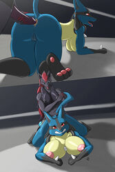 2:3 absurd_res anal anal_sex anthro big_breasts breasts dark_background dildo duo female female/female female_penetrated female_penetrating female_penetrating_female hi_res lucario nintendo penetration pokemon pokemon_(species) sex_toy slap strapon toying_partner unusualmatias video_games yuri zoroark