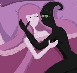 1boy1girl adventure_time bed bedroom black_skin blanket breasts cartoon_network crossover crossover_pairing demon female green_sclera highres long_hair male nathaniel718 nergal_(tgaobam) nergal_and_princess_bubblegum non-human non-human_only nude pillow pink_hair pink_skin princess_bubblegum purple_eyes smiling smiling_at_another smiling_at_partner the_grim_adventures_of_billy_and_mandy