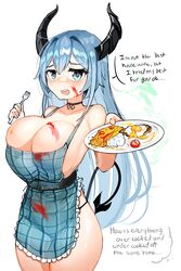 1girls 2021 absurd_res apron artist_name belt black_panties blue_eyes blue_hair breasts bursting_breasts choker cleavage demon_girl demon_horns demon_tail dialogue dirty_body dirty_clothing english_text eyebrows_visible_through_hair female female_only food fork frilled_apron frills hair_between_eyes highres holding_fork holding_plate horns housewife huge_breasts large_breasts long_hair looking_at_viewer mariya_(rinbinto) matching_hair/eyes no_bra offscreen_character open_mouth original panties plate pov presenting rinbinto sideboob signature simple_background solo speech_bubble standing succubus tail talking_to_viewer tears teeth text thick_thighs thighs thought_bubble underwear very_long_hair white_background wholesome wide_hips