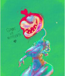 1girls 2d anthro ass belly big_breasts breasts conadolpomp curvy drooling dsl english_text female female_only green_background lips mario_(series) monster monster_girl nipples open_mouth piranha_plant sharp_teeth simple_background smile solo standing suggestive text thick_thighs thighs