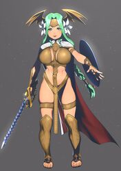 abs armor big_breasts braided_hair cape chibi feet fire_emblem fire_emblem:_three_houses flower flower_in_hair green_eyes green_hair half_naked headgear headwear natto_soup no_panties no_pants open_toe_shoes partially_clothed rhea_(fire_emblem) seiros_(fire_emblem) shield solo solo_female sword thick_thighs toes warrior weapon