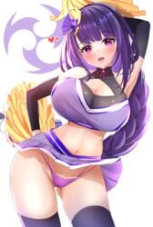 1girls ass_visible_through_thighs balut_(7676i) cheerleader cheerleader_uniform crop_top curvy genshin_impact heart highres midriff milf miniskirt navel panties pom_poms purple_eyes purple_hair raiden_shogun skirt smile sweat thick_thighs thighhighs underwear voluptuous wide_hips