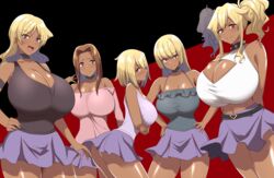 5girls belt blonde_hair breasts brown_eyes brown_hair choker cleavage cleavage_cutout collar dark-skinned_female dark_skin fringe gyaru huge_breasts kloah large_breasts long_hair multiple_girls navel purple_eyes red_eyes shinokami_xatiii_(kloah) short_hair skirt smile spiked_collar take_your_pick twintails two_tone_hair