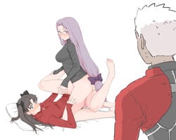 1boy 2girls archer bangs banned_artist black_hair black_sweater blue_eyes blush bottomless breasts caught caught_in_the_act caught_off_guard dark_skin emiya_shirou fate/stay_night fate_(series) glasses grinding large_breasts legs long_hair looking_at_viewer medium_breasts medusa_(fate) mo_(kireinamo) multiple_girls partially_clothed pillow purple_eyes purple_hair red_sweater short_hair simple_background spread_legs sweater tohsaka_rin tribadism turtleneck turtleneck_sweater two_side_up very_long_hair walk-in white_hair yuri