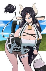 animal_humanoid bending_over big_breasts blue_eyes busty cow_ears cow_girl cow_horns cowbell curvy cute dark_hair gigantic_breasts hair hair_pin hairpin happy huge_breasts kojiro-brushard lessien_(jtd) sky smile smiling smug thick_thighs thighs