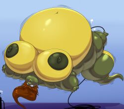 2022 air_inflation amphibian anthro belly big_belly big_breasts bloated bloated_belly bloated_breasts breasts cheek_bulge female floating hair hose hose_inflation inflation levitating levitation lying mona_lisa_(tmnt) navel nipples nude on_back salamander_(amphibian) shinysteel solo