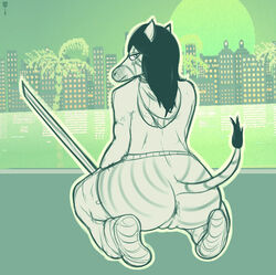 anthro anthrofied anus ass bottomless bzeh corey_(hotline_miami_2) female furry furry_only hotline_miami hotline_miami_2 katana looking_at_viewer looking_back pussy solo stockings tagme tail thighhighs zebra