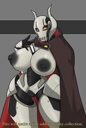 2020 alien areolae black_areola black_body breasts claws cyborg dialogue female female_only genderswap general_grievous genitals hi_res highres nipples pussy rule_63 solo star_wars two_tone_body white_body yellow_eyes zzvinniezz