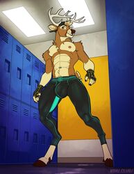 2020 abs alternate_species anthro antlers backwards_baseball_cap baseball_cap bulge cervid clothed clothing detailed_background evan_(kihu) fingerless_gloves gloves handwear hat headgear headwear hooves horn kihu locker locker_room low-angle_view male male_only mammal muscular muscular_anthro muscular_male navel nipple_piercing nipples piercing smile solo sweatpants tight_clothing topless topless_male