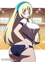 ass blonde blonde_hair blue_eyes breasts earrings freckles gym gym_uniform headband kojiro-brushard long_hair mouth_open thick thin_waist worried