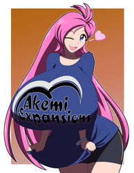 big_breasts blue_eyes curvy gigantic_breasts happy heart huge_breasts kojiro-brushard long_hair pink_hair shorts smile smiling thick thick_thighs wristband