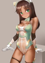 alice_gear_aegis brown_hair closed_mouth commentary_request cowboy_shot dark_skin elbow_gloves eyebrows_visible_through_hair female gloves green_eyes headwear kaneshiya_sitara leotard lips looking_at_viewer sasayuki see-through simple_background smile solo tail thigh_strap white_gloves