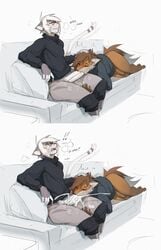 2020 2boys blowjob blush bottomless brown_hair cum cum_explosion excessive_cum furry gay glasses male_only notglacier oral penis silvermist_(notglacier) sofa sweater tagme tail white_hair yaoi