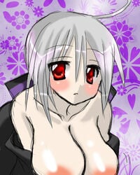 areolae breasts grey_hair large_breasts lowres red_eyes vocaloid voyakiloid yowane_haku お粥@hnかえました_(artist)