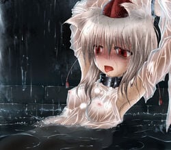 armpits bad_end bondage collar detached_sleeves empty_eyes erect_nipples hat momiji_inubashiri nipples see-through shimo_(depthbomb) shimo_(pixiv14753) slave tokin_hat tongue torture touhou water wet wet_clothes white_hair