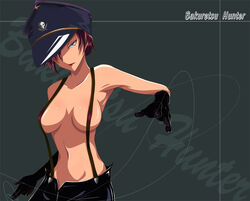 1girls bakuretsu_hunters bare_shoulders blue_eyes breasts chocolate_misu curvaceous dominatrix female gloves grey_background hair_over_one_eyes hat human large_breasts light-skinned_female light_skin naked_suspenders open_fly piano_wire red_hair sahare serious short_hair solo suspenders title_drop topless unzipped