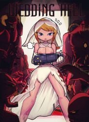 arm_cannon baron_of_hell_(doom) blonde_hair blood blood_stain blue_eyes doom exposed_breasts female fighting mancubus_(doom) metroid microsoft nintendo pinky_(doom) samus_aran tony_welt torn_clothes torn_clothing wedding_dress wedding_veil