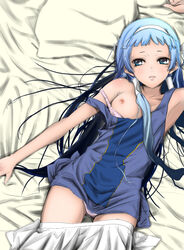 1girls bangs bed blue_eyes blue_hair blunt_bangs bra breasts clothing female female_only flat_chest hair_tubes kannagi lingerie long_hair lying nagi panties pillow shirt shirt_pull skirt solo u+ underwear white_panties