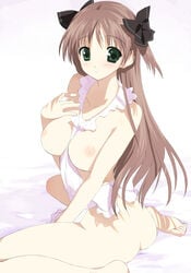 amatsuka_haruka apron ass baby_princess barefoot between_breasts blush bow breasts brown_hair clothes_between_breasts feet green_eyes hairbow kusaka_souji naked_apron nipples sitting