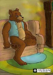 1boy 5_toes anthro anthro_only bear body_fur bottomless brown_bear brown_fur chubby claws father_bear feral feral_only flaccid_penis foot_fetish glasses larger_male little_bear loose_clothes male male_only pawpads paws penis presenting_feet presenting_sheath sharp_claws sheath smiling smirk solo the_werewolf two_tone_fur ursid