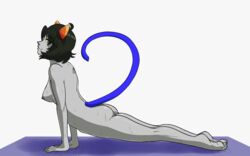 1girls ass black_hair breasts feet female full_body green_eyes grey_skin heartszora homestuck horns looking_at_viewer ms_paint_adventures naked nepeta_leijon nipples short_hair solo stretching sweating tail troll white_background workout