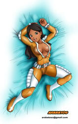 1girls arabatos artist_name bed black_eyes black_hair bodysuit breasts cameltoe cleavage clothing dark-skinned_female dark_skin email_address female female_only hair indian indian_female jpg once_upon_a_time..._space paheal pose psi smile solo text yellow_bodysuit