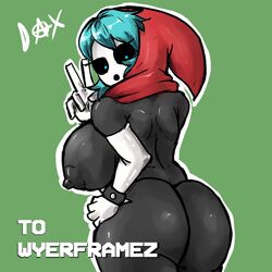 big_ass big_breasts big_butt blue_eyes blue_hair dark_skin fanart hoodie looking_at_viewer mario_(series) mask masked rose_dax rosededax rule_63 shy_gal wyerframez