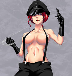 1girls bakuretsu_hunters breasts chocolate_misu cleavage curvaceous dominatrix female garrote gloves grey_background happyswing4529 hat human large_breasts light-skinned_female light_skin lipstick looking_at_viewer makeup naked_suspenders red_hair short_hair solo suspenders topless