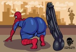 1boy all_fours artist_logo background_character balls_bulge ballsack big_ass big_butt big_penis costume disembodied_penis erect_penis erection femboy gay giant_ass huge_ass huge_butt huge_cock imminent_sex lady_liberty male male_focus male_only marvel marvel_comics penis rear_view spider-man spider-man_(series) spidey_sense squatting tonicartz veiny_penis venom_(marvel) yaoi