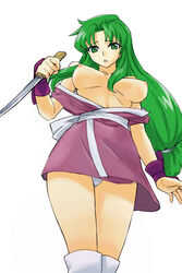 ganbare_goemon green_eyes green_hair long_hair michael_f91 ninja nipples open_clothes open_shirt panties shirt simple_background underwear yae_(ganbare_goemon)