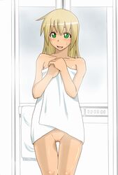 1girls blonde_hair blush bottomless covering green_eyes jont naked_towel no_pussy novagina nude_cover shower sweatdrop thigh_gap thighs towel yuria yuria_100_shiki yuria_hyaku_shiki