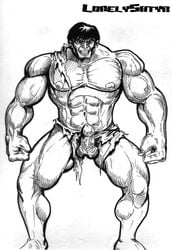 abs erection hulk lonelysatyr male male_only marvel monochrome muscular muscular_male shorts solo straight_hair torn_clothes