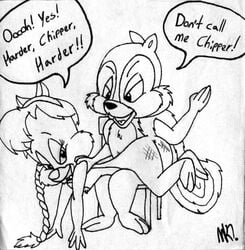 anthro ass braid chip chip_'n_dale_rescue_rangers chipmunk disney english_text female furry interspecies long_braid male monochrome morgan_kohl nipples spanking squirrel straight tammy_squirrel text