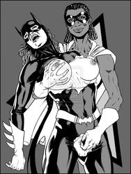 2girls barbara_gordon batgirl batman_(series) dark-skinned_female dark_skin dc female female_only human interracial monochrome multiple_females rifferus yuri