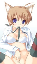 blue_eyes blush bow bow_bra bra breasts brown_hair cleavage clitoris_slip clitslip clothing lingerie lynette_bishop medium_breasts mouth_hold no_panties open_clothes open_shirt safi shirt spread_legs stockings strike_witches thighhighs uncensored underwear wrist_cuffs