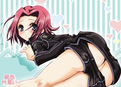 bent_over blue_eyes chaa code_geass heart kallen_stadtfeld no_panties red_hair short_hair shorts shorts_pull