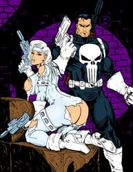 1boy 1girls anus ass bodysuit colored dat_ass dual_wielding female frank_castle human human_only large_breasts male marvel nipples punisher short_hair silver_hair silver_sable silver_sablinova spider-man_(series) straight_hair torn_clothes weapon wolverino